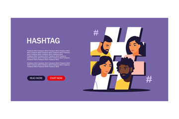 Hashtag Social Media Concept. Young people customer sending posts and sharing. Landing page template. Vector illustration. Flat.