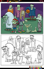 cartoon zombie characters group coloring book page