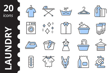 Laundry icons set. Collection of washing service sign. Linear symbols in color.