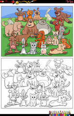 Fototapeta premium cartoon dogs and cats and rabbits characters coloring book page