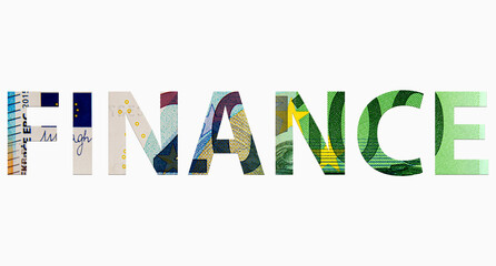 word FINANCE from euro banknotes on white background, money texture