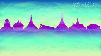 Yangon Myanmar Skyline City Silhouette. Broken Glass Abstract Geometric Dynamic Textured. Banner Background. Colorful Shape Composition.