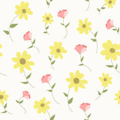 Pattern of flat cute yellow and pink flowers. Illustration for postcard, poster, banner, flyer. Vector illustration.