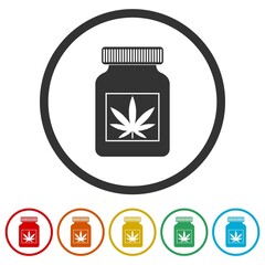 Medical bottle with marijuana or cannabis leaf ring icon isolated on white background color set