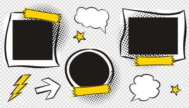A set of photo frames and elements in comic style for a photo album. Cartoon empty cloud for text. Pop art vector illustration