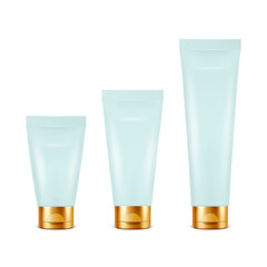 Vector 3d Realistic Plastic, Metal BlueTooth Paste, Cream Tube, Packing with Golden Cap Set Isolated on White Background. Design Template of Toothpaste, Cosmetics, Cream for Mockup. Front View