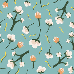 Cotton  seamless pattern. Ecological products. Trendy cute design for wallpaper, textile design, packing, fabric. Eco life, bio 