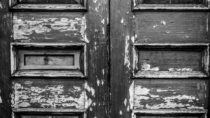 Black and White Image Old Weathered Distressed Wooden Door With No People