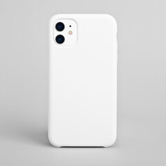 White phone isolated on gray background, phone case mock up, smart phone back view