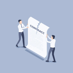 isometric vector illustration on gray background, two men in business clothes are tearing a sheet of paper with a contract, breaking a contract