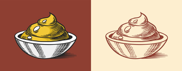 Mustard or Spicy condiment. Dip or dipping sauce. Illustration for Vintage background or poster. Engraved hand drawn sketch.