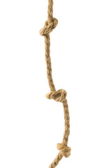 Rough rope with three knots isolated on a white background.