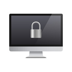 Computer security concept. Privacy policy, safety lock and data protection metaphor. Padlock on the computer monitor screen. Vector.