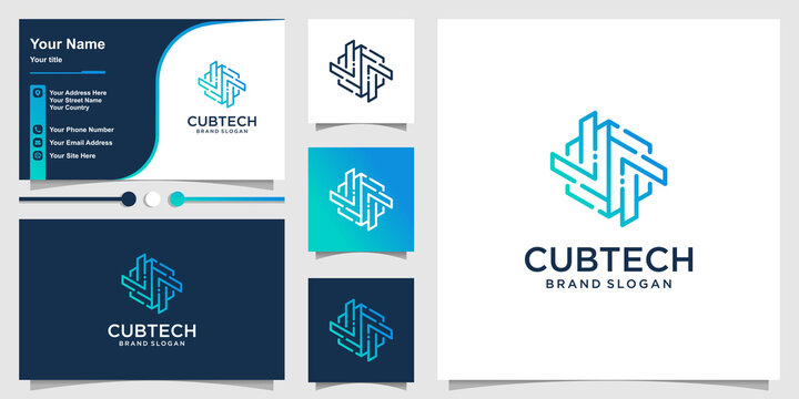 Cube logo template with line art technology concept Premium Vector