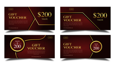 Set of dark red and gold luxury gift voucher templates, coupon designs, certificates, ticket templates, ready to edit and use.
