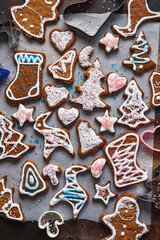 Christmas homemade gingerbread cookies. Clazed decorating gingerbread homemade cookies for christmas. Top view of cookies on table, Happy new year, celebration, overhead, top view