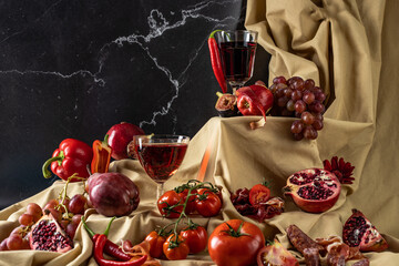 Wine stillife on the table. Vintage look