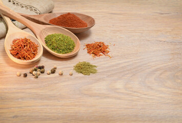 spices in wooden spoons