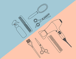 Hair salon accessories outline, hair dryer, comb, scissors . Vector illustration, template for design.