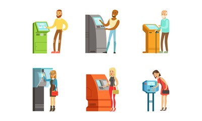 People Characters Using Electronic Self Service Terminal Performing Payment and Receive Money Vector Illustration Set