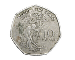 Mauritius ten rupees coin on a white isolated background