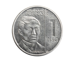 Philippines one piso coin on white isolated background