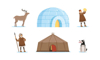 Eskimo Characters in Traditional Clothing and Arctic Animals Vector Set