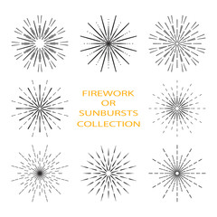 Firework or sunbursts black lines collection. Vector set of vintage or retro light explosion rays design elements. Abstract burst contour pattern sunrise firecracker starburst