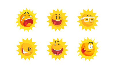 Sun with Sunbeams Having Smiling and Crying Face Vector Set