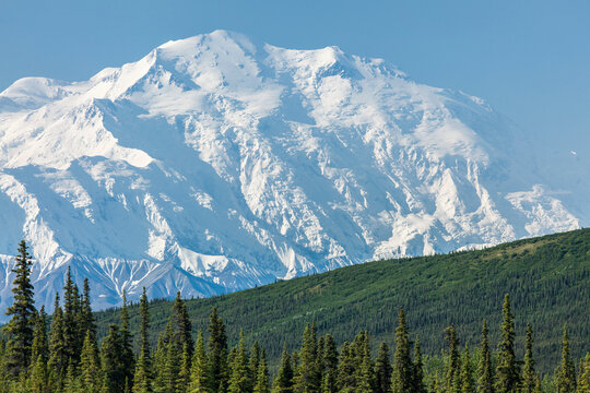 Massive Mount McKinley rises abruptly, near Wonder Lake, Denali National Park