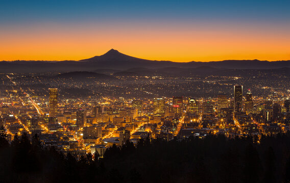 Dawn glow over Portland, Oregon