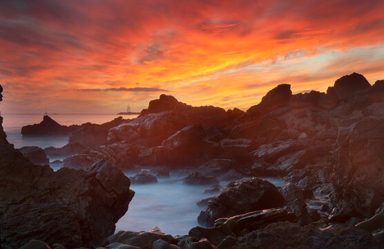 Fiery sunset at Corona del Mar, California