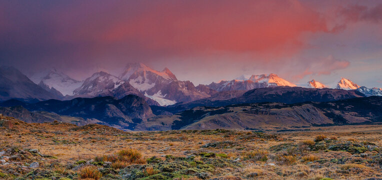 Sunrise over the peaks near Mount Fitz Roy in Los Glacieres National Park, Argentina.