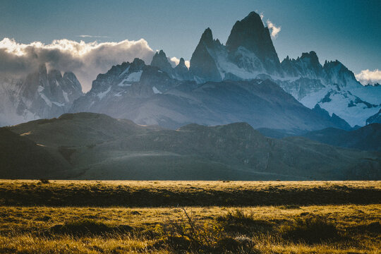 Sunset over the Cerro Torre Mount Fitzroy spires in Los Glacieres National Park, Argentina.