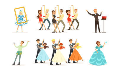 People Characters Acting in Play and Dancing on Stage of Classic Theater Vector Illustration Set