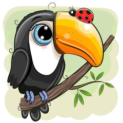 Cartoon Toucan with ladybug is sitting on a branch © reginast777