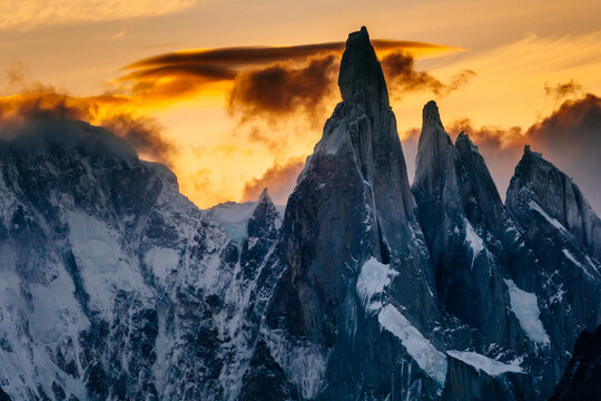 Sunset over the Cerro Torre spires in Los Glacieres National Park, Argentina.