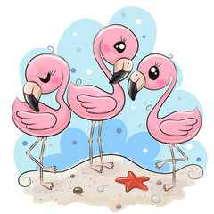 Cute cartoon flamingos on the beach