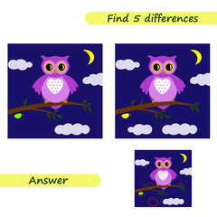 Spot the difference for kids. Vector game find 5 differences. Educational exercises and worksheets for children. Owl