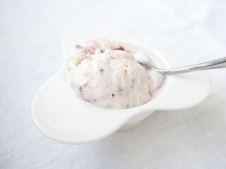 one white ball vanilla strawberry white plate spoon. Summer sweets, delicious treats, italian desserts, pamper yourself, dairy desserts concept.