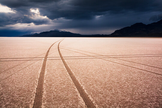 Between storms during sunset on the Bonneville Salt Flats in Utah.