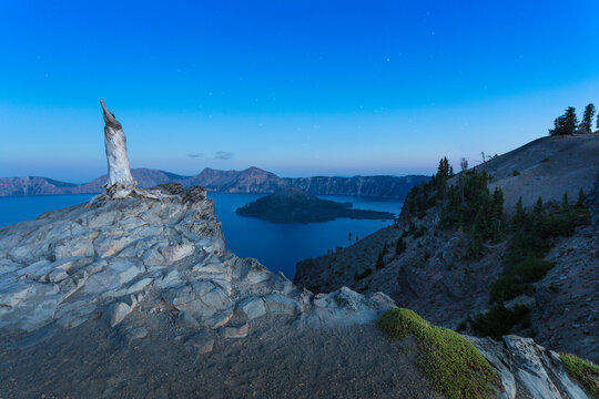 A dead pine tree at the edge of Crater Lake National Park, Oregon, USA, at twilight.