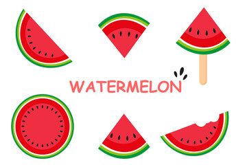Summer set of watermelons. Watermelons in different pieces. Watermelon ice cream. Vector