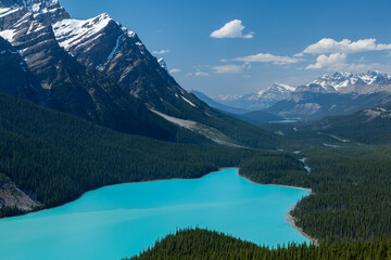 Bright turquoise colored Peyto Lake from the Bow Summit in Banff National Park
