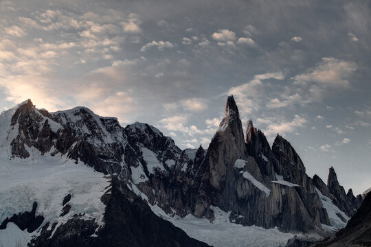 The strong and jagged peak of Cerro Torre, one of the most technical climbs in the world, just before sunset in Patagonia, Argentina.