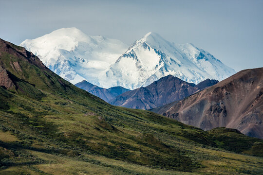 A sweeping view of Mount McKinley aka Denali The High One on a clear day in the National Park.