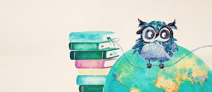Owl on the globe and books. Watercolor education concept