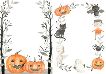 Obraz na płótnie Canvas Watercolor Halloween illustration for invitation, frames and tags with cute pumpkin, ghost, skull, black cat 
