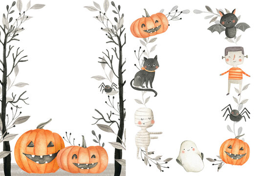 Watercolor Halloween illustration for invitation, frames and tags with cute pumpkin, ghost, skull, black cat 