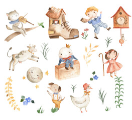 Nursery Rhymes icons watercolor illustration Humpty Dumpty cow over the moon and Mother Goose 